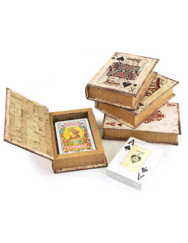Caixa llibre vintage de fusta amb baralla