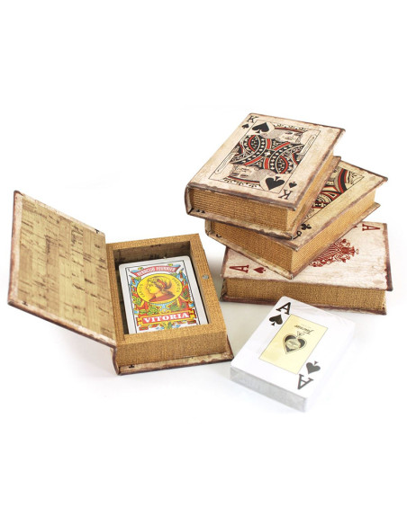 Caixa llibre vintage de fusta amb baralla