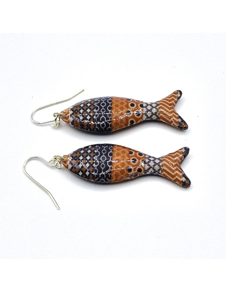 Arracades peix de fusta amb ganxo multicolor blau i coral