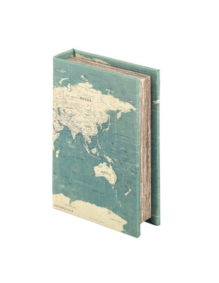 Caja libro vintage forrada en tela pintada Mapamundi