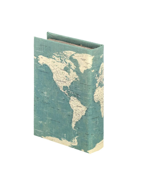 Caja libro vintage forrada en tela pintada Mapamundi