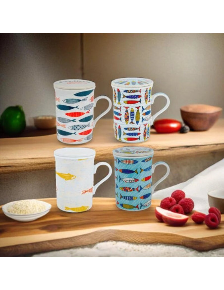 Juego 4 mugs con tapa y filtro SARDINAS